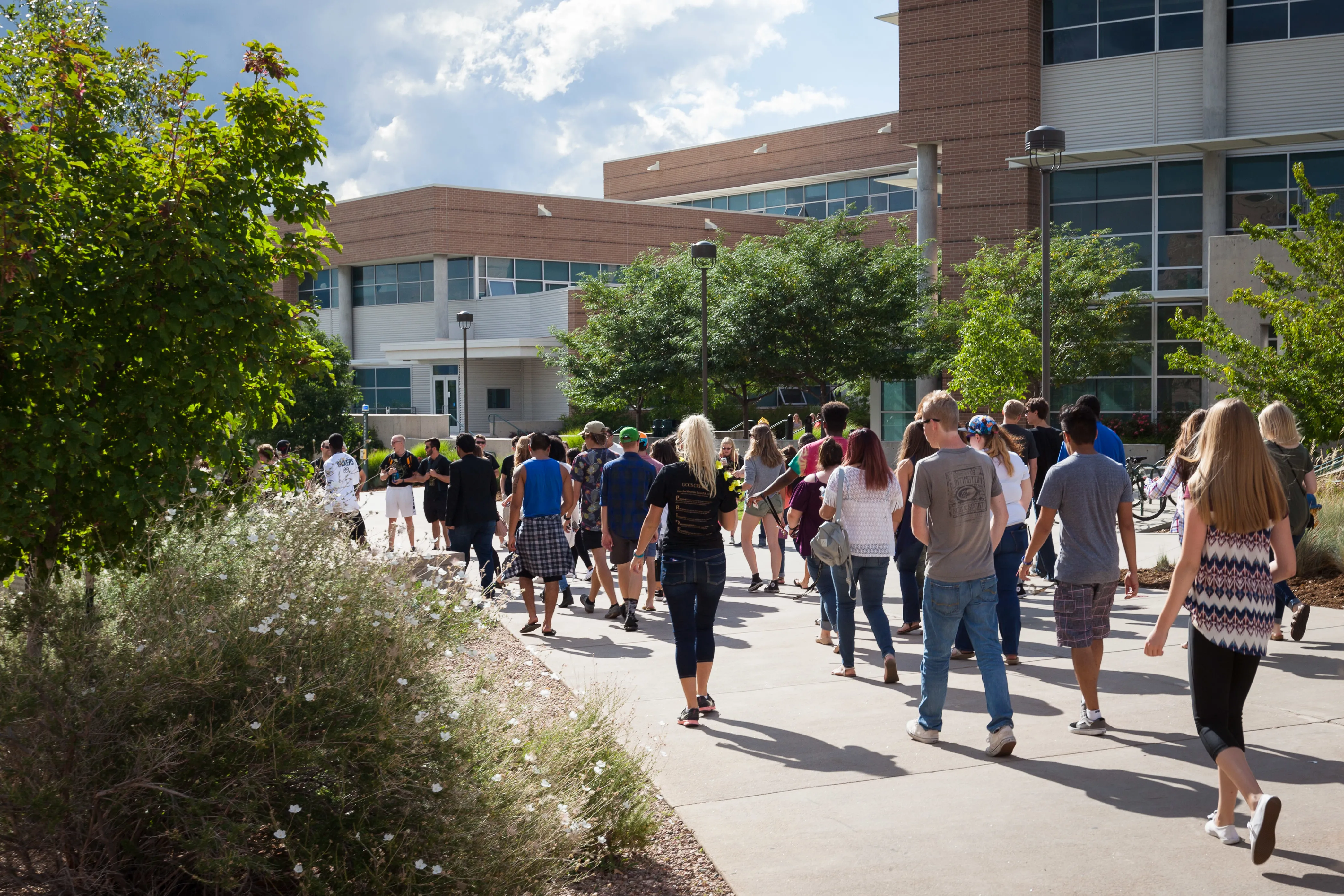 large group walking across UCCS campus