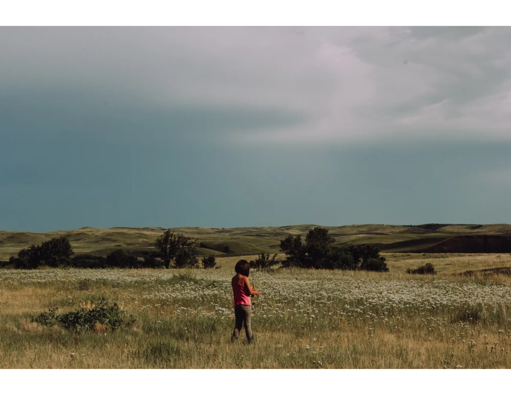 a child standing in a wide open field