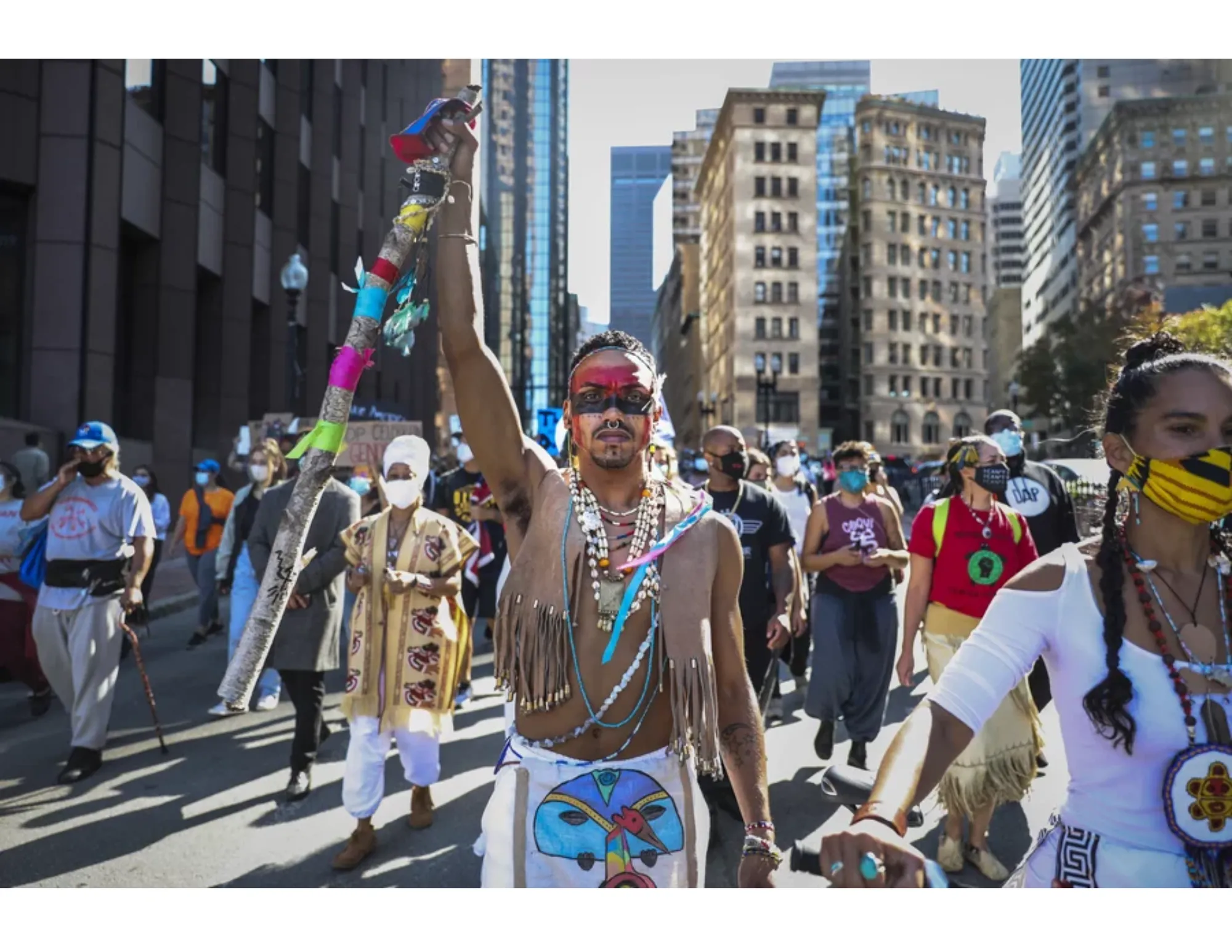 Protesters marched in an Indigenous Peoples Day rally in Boston on Oct. 10, 2020, as part of a demonstration to change Columbus Day to Indigenous Peoples' Day.