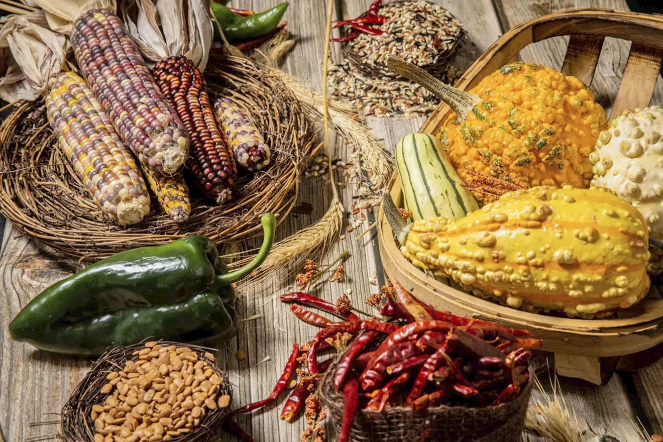 corn, squash, chiles and beans arranged 