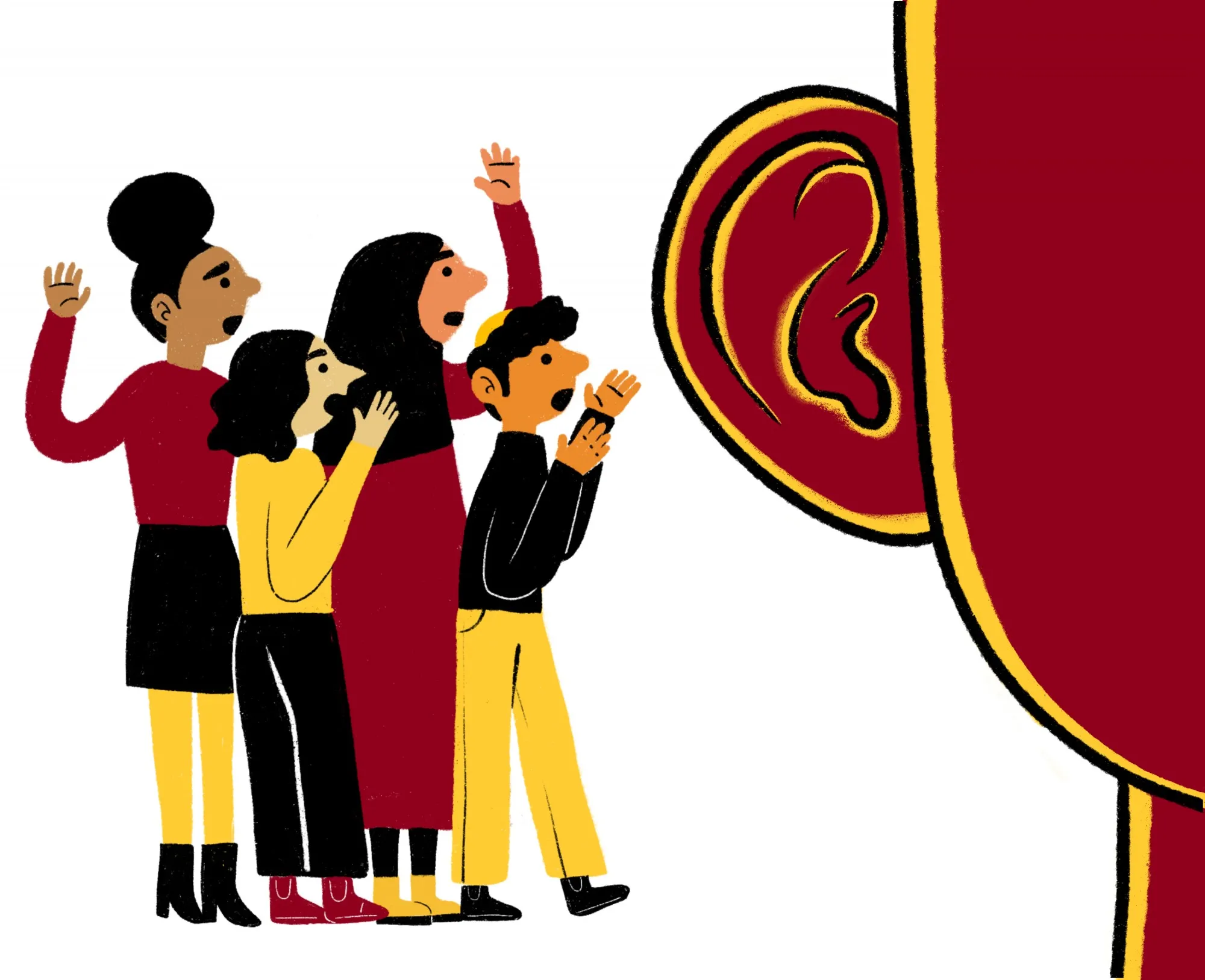 graphic of four people shouting into an ear