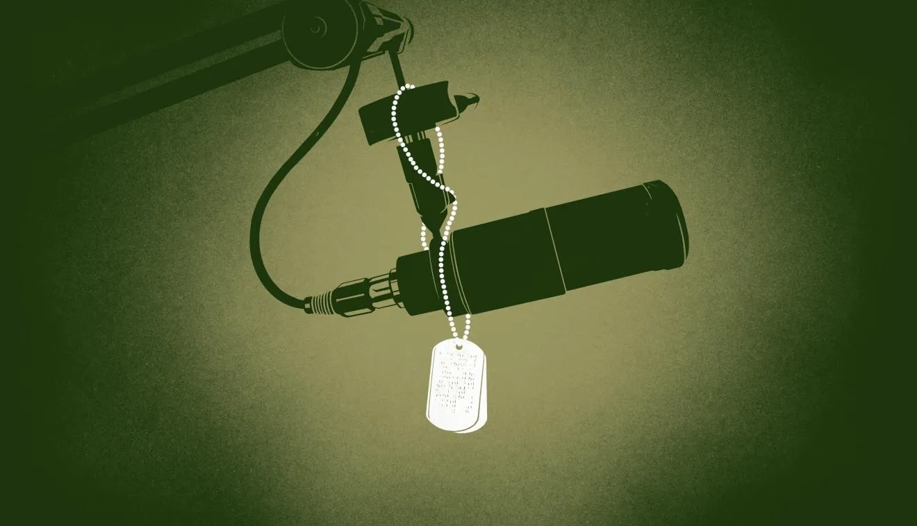 Graphic of microphone with military tags on it