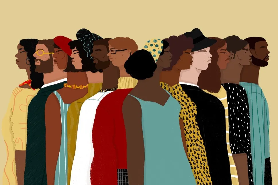 Illustration of people in a line wearing colorful clothes