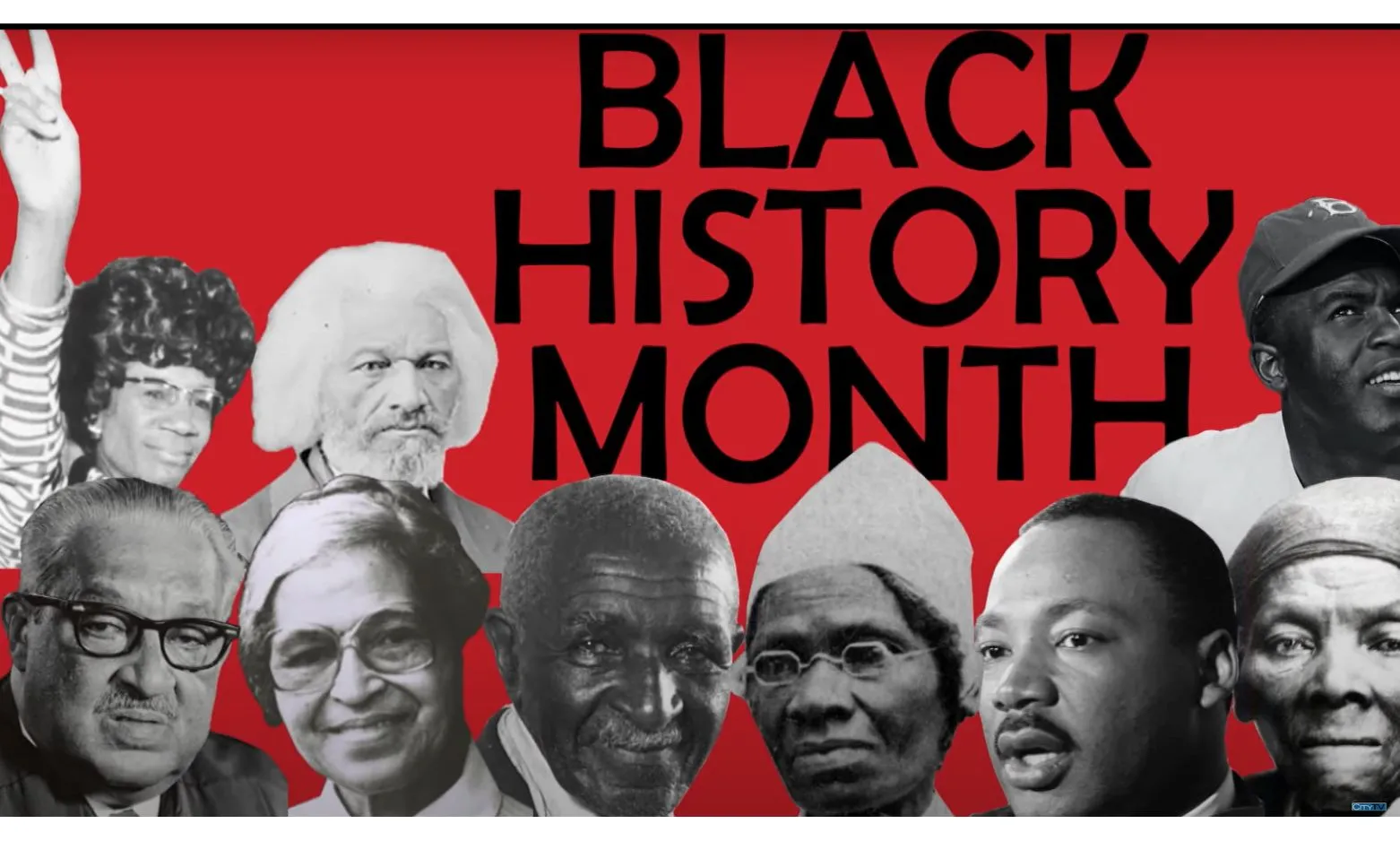 Cutouts of famous Black Activists over a read background that says Black History Month