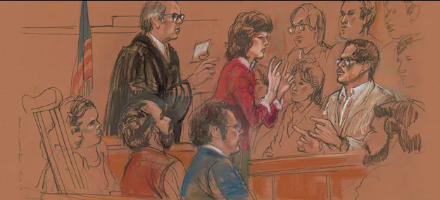 Detail of "Deaf Juror", February 17, 1984. Colored pencil, pastel, graphite, and porous point pen on ochre paper